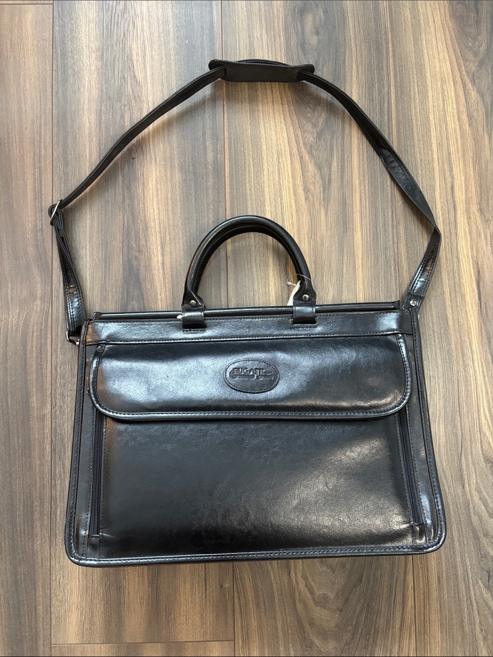 BUGATTI Black Leather Briefcase with Shoulder Strap-Classic Business Bag-unisex